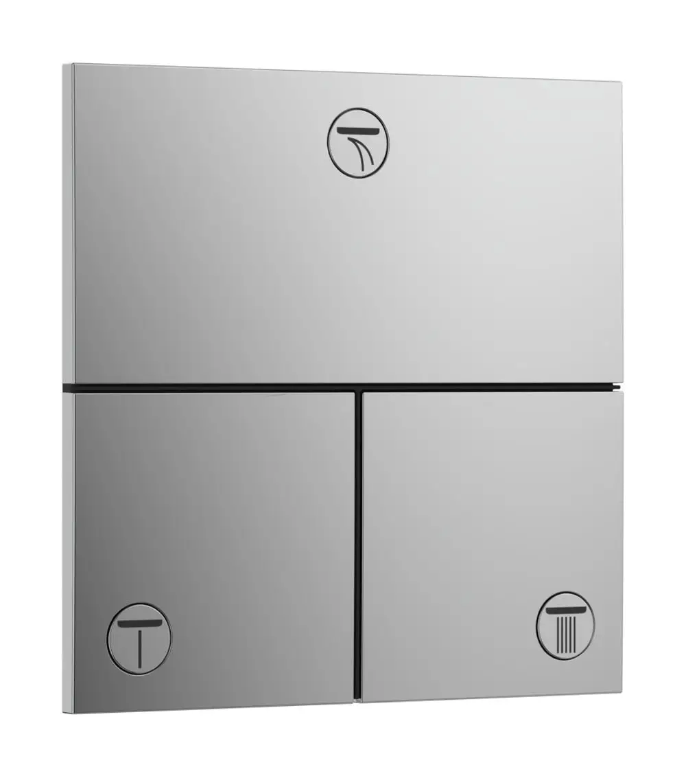 Unterputz-Wasserregler von Hansgrohe für drei Verbraucher in Chrom-Design. Beinhaltet drei Bedienfelder mit Symbolen zur Steuerung.
